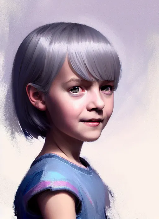 Prompt: Portrait of little girl, D&D fantasy, her hair is silver and styled in a Bob Cut, she has a joyful expression, and is wearing a lightly-colored dress. Intricate, highly detailed, digital painting, artstation, concept art, sharp focus, illustration, art by greg rutkowski and Ross Tran