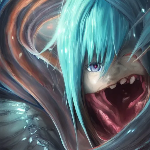 Image similar to rimuru tempest, tensei shitara slime datta ken, super highly detailed, professional digital painting, concept art, sharp focus, extreme illustration, unreal engine 5, photorealism, hd quality, 8 k, black hoodie, cinematic, art by artgerm, yoshitaka amano and junji ito