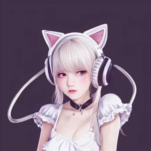 Image similar to realistic detailed semirealism beautiful gorgeous cute Blackpink Lalisa Manoban wearing white camisole maid outfit maid costume, white hair white cat ears blue eyes, headphones, black leather choker full HD 4K high resolution quality WLOP, Aztodio, Taejune Kim, Guweiz, Pixiv, Instagram, Artstation