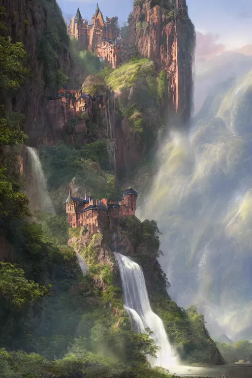 Prompt: a beautiful digital painting of a castle carried by gigantic human statues, huge waterfalls, lovely valley by James Gurney, by Greg Rutkowski, concept art, octane render, trending on artstation, 8k