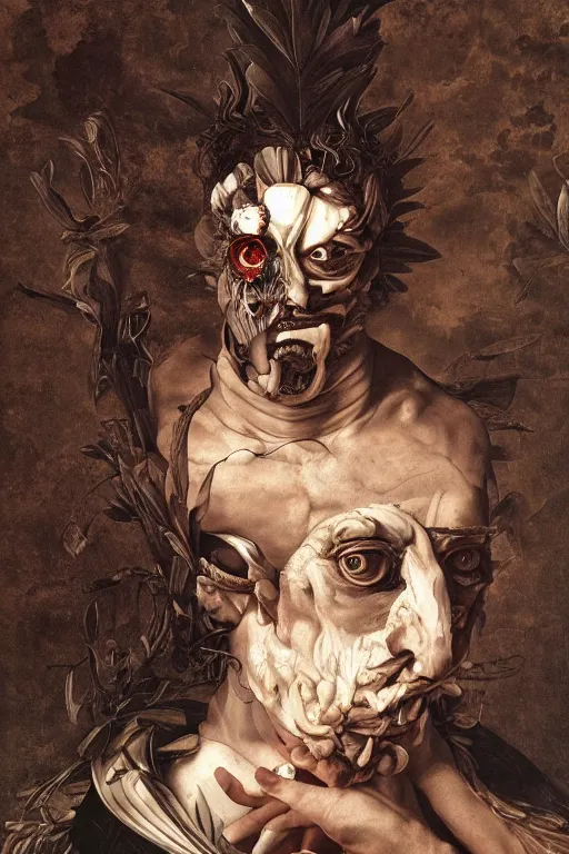 Image similar to Detailed maximalist portrait a Greek god with large white eyes and an angry face, fleshy body, botany, HD mixed media 3d collage, highly detailed and intricate, surreal illustration in the style of Caravaggio, dark art, baroque