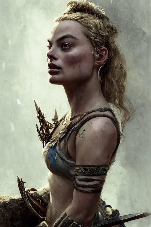 Image similar to young margot robbie, legendary warrior, fighter, lord of the rings, tattoos, decorative ornaments, battle armor, carl spitzweg, ismail inceoglu, vdragan bibin, hans thoma, greg rutkowski, alexandros pyromallis, perfect face, detailed, sharply focused, centered, rule of thirds, photorealistic shading