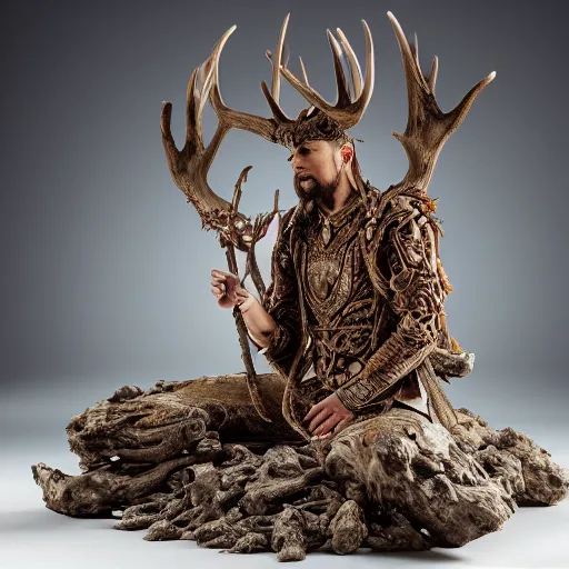 Image similar to warrior with surface of tree - bark, wearing stone wood vines antlers armor, sitting in lotus position, meditation, highly detailed, dramatic lighting, cinematic, sci - fi, hyperrealistic, detailed