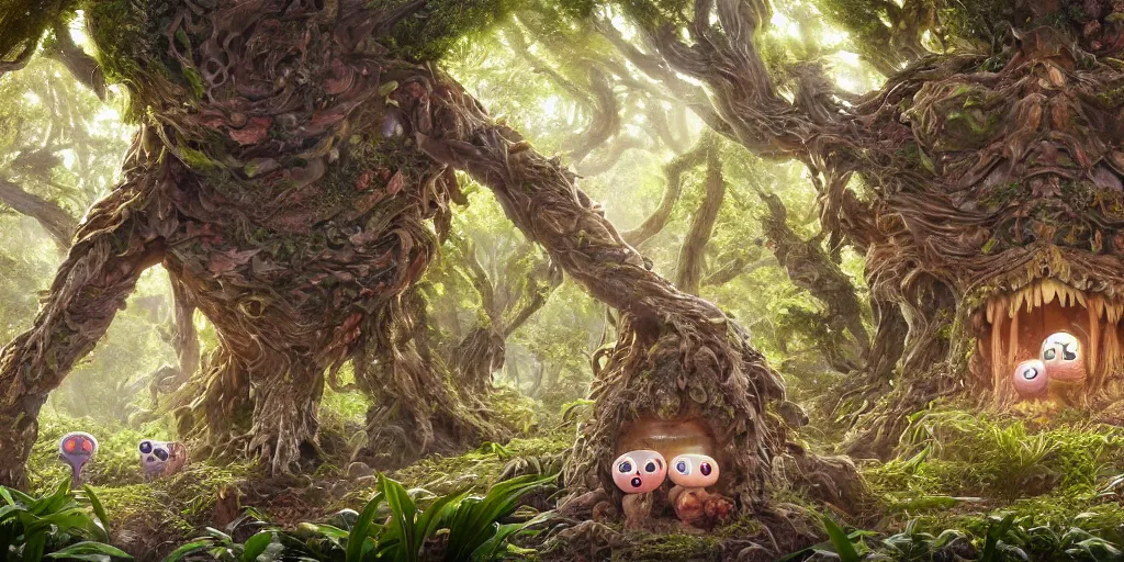 Image similar to of an intricate forest with strange cute friendly happy creatures with huge eyes, mouth, long tongue, round teeth and goofy face, appearing from the background, in the style of gehry and gaudi, macro lens, shallow depth of field, ultra detailed, digital painting, trending artstation, concept art, illustration, cinematic lighting, photorealism, epic, octane render