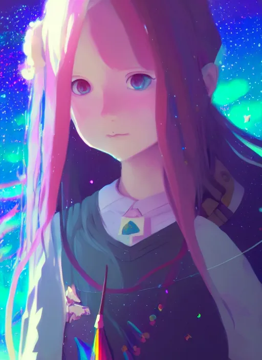 Image similar to portrait of a cute wizard girl, very psychedelic rainbow space background illustration concept art anime key visual trending pixiv fanbox by wlop and greg rutkowski and makoto shinkai and studio ghibli and kyoto animation
