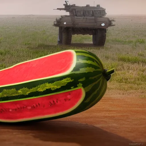 Prompt: Very very very very highly detailed Watermelon as military vehicle with epic weapons, on a battlefield in russian city as background. Less Watermelon a lot more military vehicle, Photorealistic Concept 3D digital art in style of Caspar David Friedrich, super rendered in Octane Render, epic dimensional light