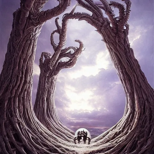Prompt: a normal doorway leading to an endless twisting inverted nightmare landscape, rhads!, strange trees and clouds, ( h. r. giger )
