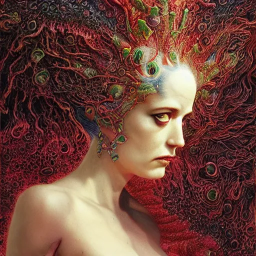 Image similar to cosmic horror eldritch lovecraftian close up portrait of eva green as the emerald queen of feathers by wayne barlowe, agostino arrivabene, denis forkas