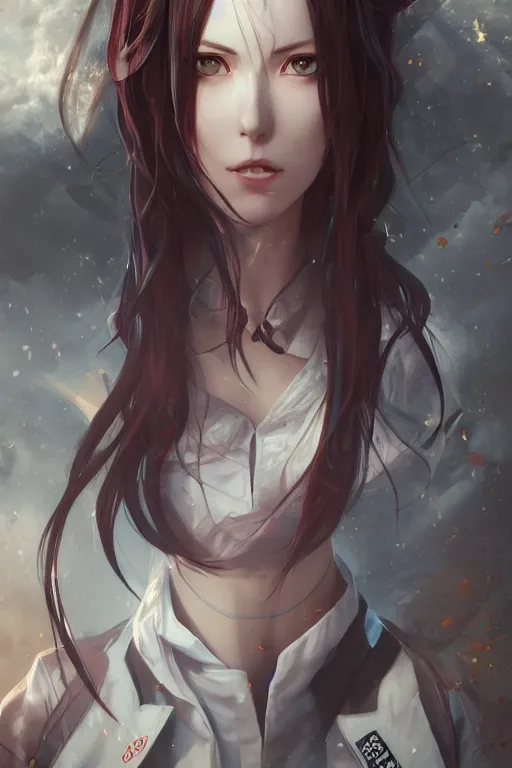 Image similar to highly detailed portrait of makise kurisu from steins gate, labcoat, fantasy art by artgerm, tom bagshaw, charlie bowater, detailed and intricate environment, trending on artstation