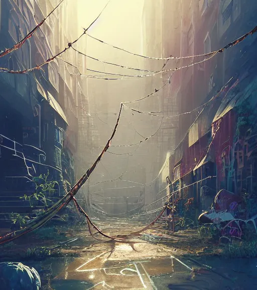 Image similar to highly detailed graffiti of spiderweb, stephen bliss, unreal engine, unreal engine art by greg rutkowski, loish, rhads, ferdinand knab, makoto shinkai and lois van baarle, ilya kuvshinov, rossdraws, tom bagshaw, reflective global illumination, god rays, detailed and intricate environment