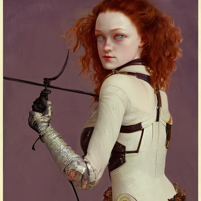 Image similar to sadie sink domme mistress, full body, dominatrix, tribal, smooth white tight clothes suit, ornate, very beautiful, concept art, realistic painting, androgynous, afrofuturism, daz 3 d, cinematic, cgsociety, digital art by greg rutkowski, by alphonse mucha