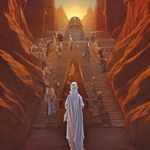 Image similar to symmetry!! an african moor wearing white robes and turban in the valley of the kings at sunset, ornate golden steampunk stargate, front game card, marvel comics, dark, intricate, highly detailed, smooth, artstation, digital illustration by ruan jia and mandy jurgens and artgerm and wayne barlowe and greg rutkowski and zdislaw beksinski.