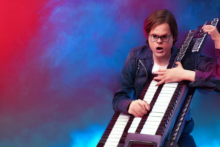 Prompt: dwight schrute playing the keytar with two hands and yelling angrily, dramatic scene, heavy blue fog, red lightning, ultra wide angle, movie still, photorealistic, stranger things, netflix, upside - down, colorful lighting, grainy, aerial shot, shot from above, movie still