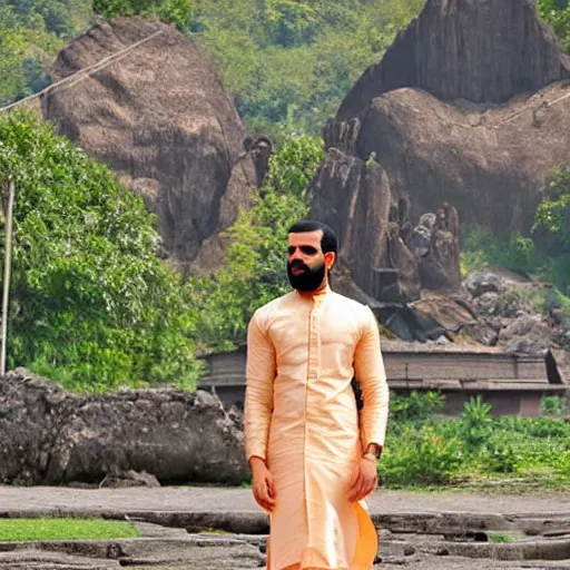 Prompt: kovil in background, wearing a silk kurta, photograph of drake the rapper