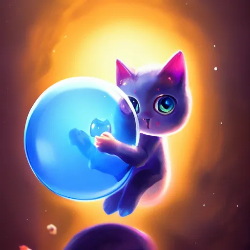 Image similar to cinematic portrait of cute Mew riding large blue bubble, oil on canvas, masterpiece, trending on artstation, featured on pixiv, cinematic composition, dramatic pose, beautiful lighting, sharp, details, hyper-detailed, HD, HDR, 4K, 8K