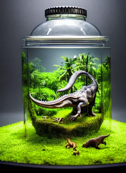 Prompt: a lush jungle landscape inside a ornate glass jar, hyper realistic photo, 7 5 mm lens, studio lighting, jurassic world, t - rex, terrarium, grey backdrop