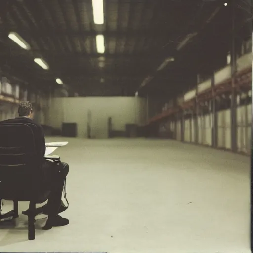 Image similar to a polaroid photo of man using a laptop inside in warehouse, he sitting on chair and small table, photo from behind