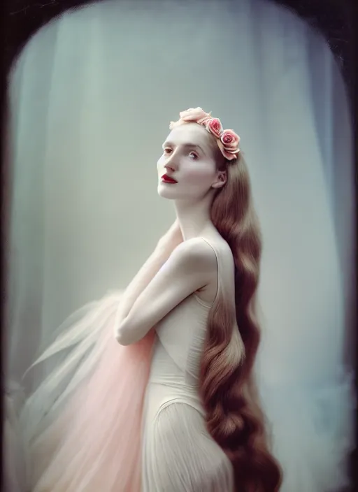 Prompt: portrait photography of a beautiful woman, in style photography of Cecil Beaton, rose huntington whitely style 3/4 , natural color skin pointed in rose, long hair with ornamental hairstyle, full body dressed with a ethereal transparent voile dress, elegrant, 8K, soft focus, melanchonic rose soft light, volumetric dramatic lighting, highly detailed Realistic, hyper Refined, Highly Detailed, natural point rose', indoor soft lighting, soft delicate lighting colors scheme, soft blur lighting, fine art fashion photography