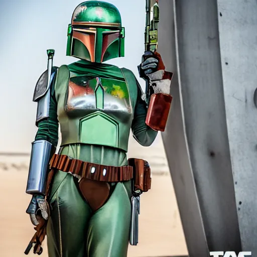 Image similar to 50mm portrait of female Bobafett at Mos Eisley spaceport