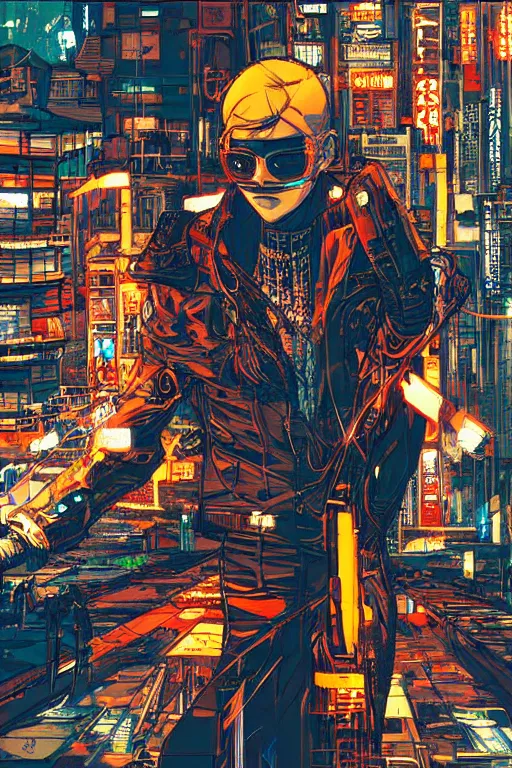 Image similar to cyberpunk illustration by shigenori soejima, street gang, concept art, intricate cyberpunk city, orange overlooking city