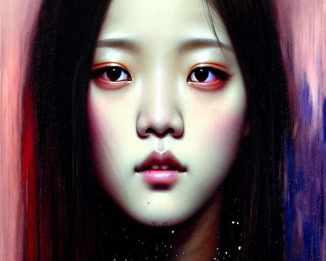 Image similar to jisoo from blackpink, portrait, tarot card, hyperrealistic, highly detailed, deep focus, intricate, elegant, digital painting, smooth, sharp focus, illustration, ultra realistic, 8 k, art by karol bak and agnes cecile