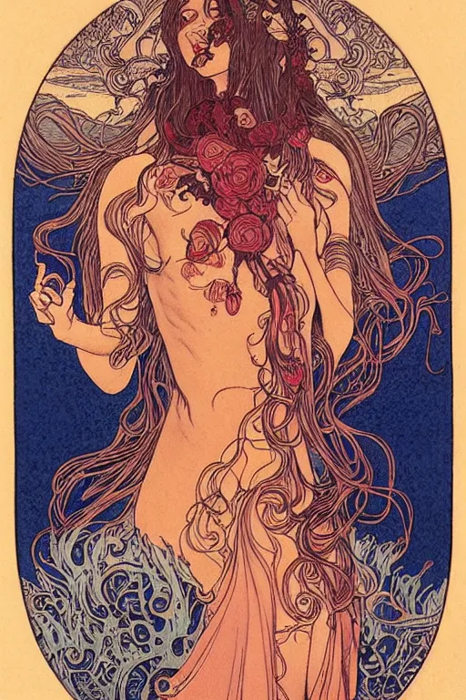 Prompt: Devil by Audrey Kawasaki in the style of Gaston Bussière, art nouveau