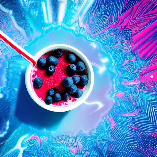 Image similar to raspberry, blueberry, vanilla smoothie explosion, intricate complexity, inverted neon red white and blue drip paint, psychedelic glitch art, trending on art station, photoreal, 8 k, octane render