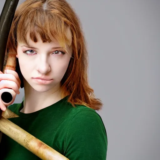 Image similar to lomo photograph, intricate detail, hyper detail, young beautifull woman, very hapot, full body potrait holding baseball bat, hazel green eyes, realistic, highlydetailed, natural, model shoot, masterpiece, sharp focus,