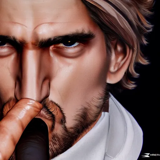 Image similar to a closeup photo of handsome gigachad xqc smoking a cigar, 8k photorealism, extremly detailed, trending on artstation