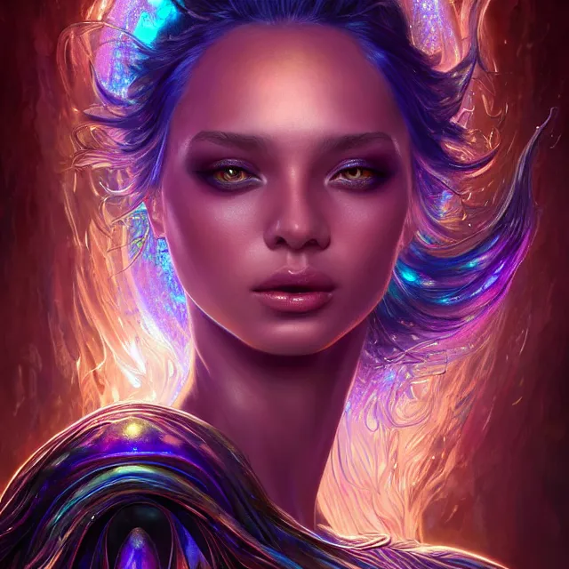 Prompt: detailed portrait of beautiful fantasy mage made of iridescent liquid, dark fantasy, sharp focus, vibrant, vivid, magical shiny skin, symmetry, highly detailed, 4 k digital painting, detailed skin, crystal, magical, raytracing, plasma, artistic, concept art by artgerm, greg rutkowski, alphonse mucha, unreal engine render,