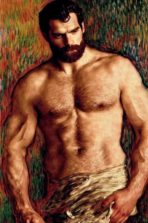 Image similar to henry cavill as a baker, kneading dough, painting by tom of finland, gaston bussiere, craig mullins, j. c. leyendecker, claude monet