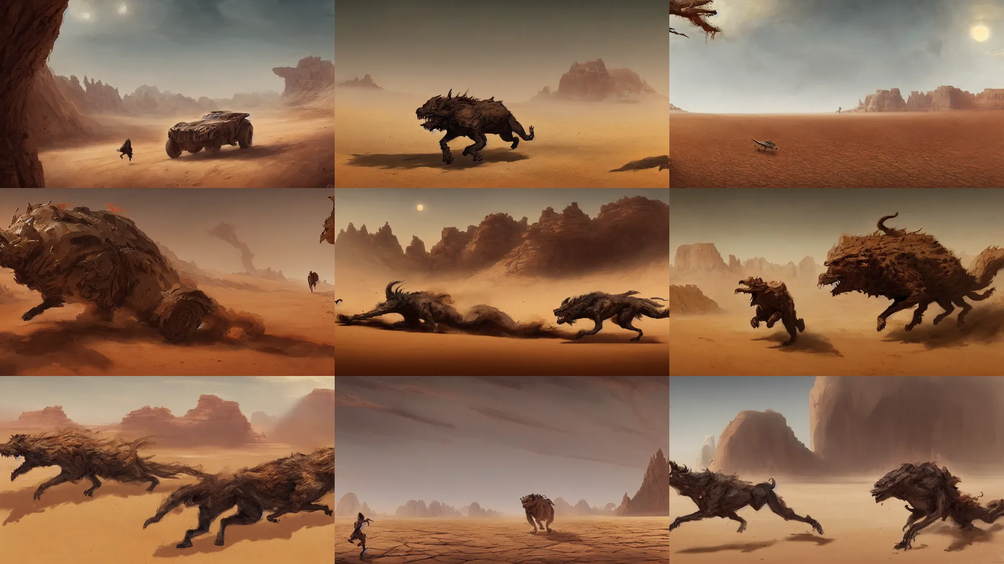 Prompt: beast running across the open desert sand, karst landscape, wide shot, concept art by greg rutkowski