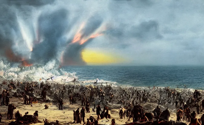 Prompt: sunny day ocean big explosion on the horizon and crowd watching war apocalyptic photorealistic