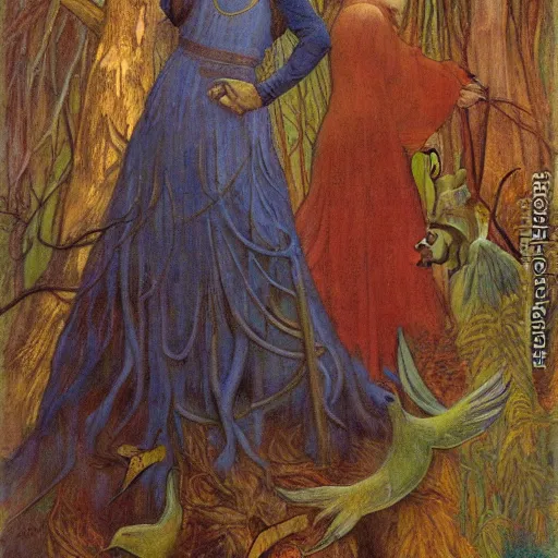 Image similar to the queen of the forest with her birds, by Annie Swynnerton and jean delville and Nicholas Roerich and Tino Rodriguez, elaborately costumed, rich color, dramatic cinematic lighting, extremely detailed