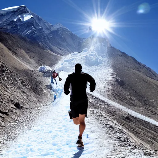 Prompt: man running up mount everest