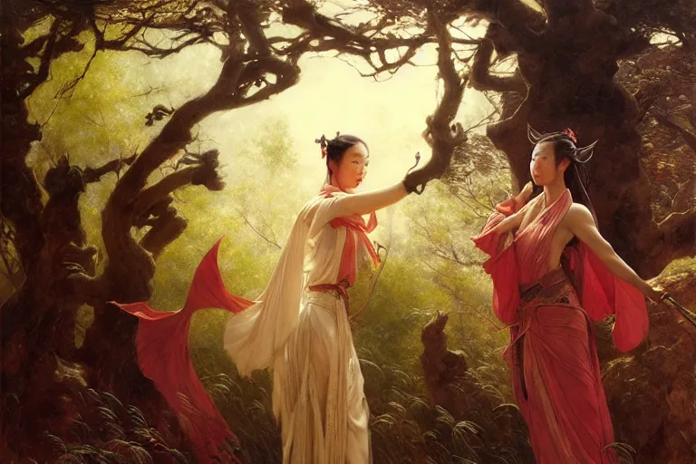 Image similar to wuxia, forest, moonlight, painting by gaston bussiere, craig mullins, j. c. leyendecker, artgerm, agostino arrivabene, vanessa beecroft, ankazhuravleva