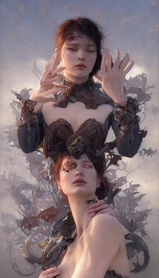 Prompt: epic masterpiece femme fatale, sweaty skin, hyperrealistic, octane render, cinematic, beautiful face and flawless skin, perfect hands, 5 fingers, by Edgar Maxence and Ross Tran and Michael Whelan, Legends of Runeterra