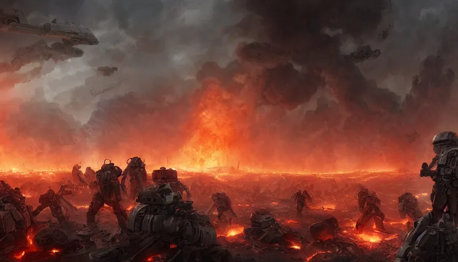 Prompt: Digital painting of tons of humans soldiers fighting aliens in a huge war in a destroyed city with flames, ashes and smoke columns, hyperdetailed, artstation, cgsociety, 8k