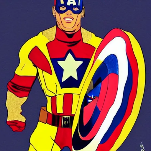 Prompt: captain america in yellow and red costume, conpect art