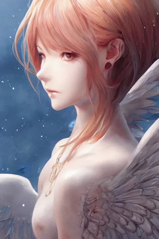 Image similar to Portrait of beautiful anime maiden with angelic wings, intricate, elegant, highly detailed, artstation, concept art, illustration, art by Yoshitaka Amano, Sakimichan, Kuvshinov Ilya, tsuaii