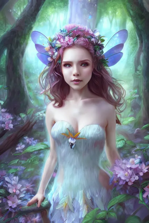 Image similar to a cute fairy in the dreamy forest, fantasy, 8 k resolution, hyper detailed, d & d, character design, digital painting, trending on artstation, sharp focus, illustration, art by artgerm, steve zheng, fuji choko, viktoria gavrilenko, hoang lap