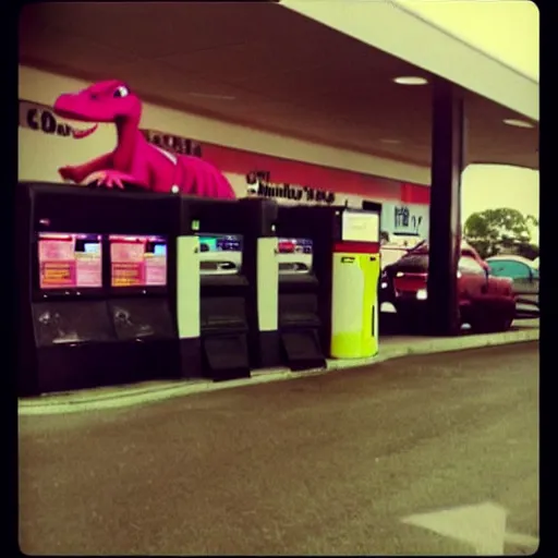 Image similar to “ security camera footage of barney the dinosaur robbing a gas station ”