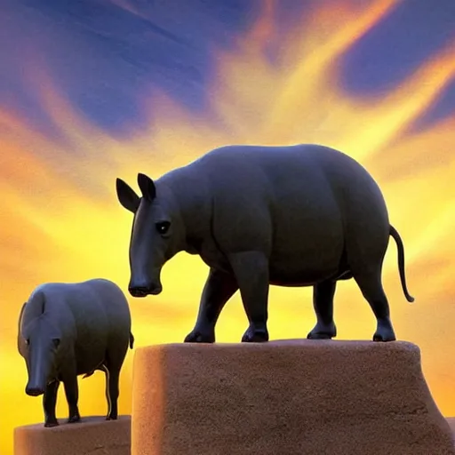 Image similar to a tapir sculpting a stone statue of the lambda symbol, epic sunset in the background, highly detailed digital art by boris vallejo