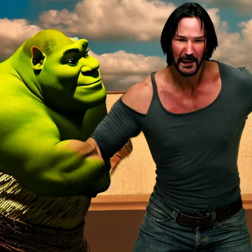 Prompt: muscular keanu reeves fighting muscular shrek, highly detailed, high quality, hd, 4 k, 8 k, canon 3 0 0 mm, professional photographer, 4 0 mp, lifelike, top - rated, award winning, realistic, sharp, no blur, edited, corrected, trending