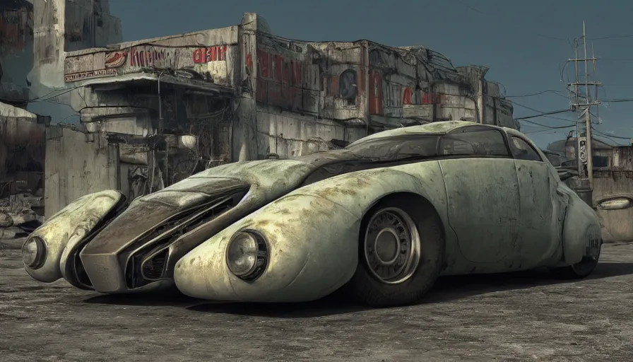Image similar to fallout retro futuristic car, 8 k photorealistic, hd, high details, trending on artstation