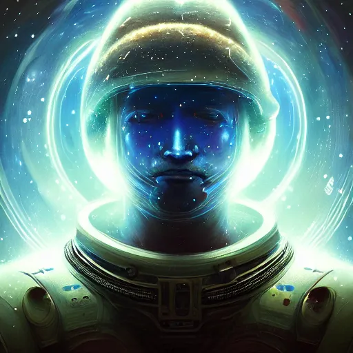 Image similar to Portrait of a cosmic god, space suit made of stars, galaxy and nebulas, intricate, cinematic lighting, highly detailed, digital painting, artstation, concept art, smooth, sharp focus, illustration, art by Artgerm and Greg Rutkowski