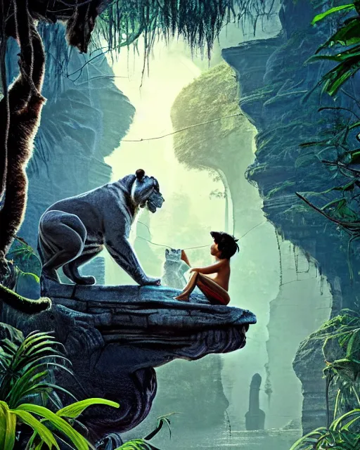 Image similar to still from the jungle book if made by elon musk and bill gates, portrait, illustration, rim light, top light, summer clear blue sky, perfectly shaded, soft painting, epic, intricate, art