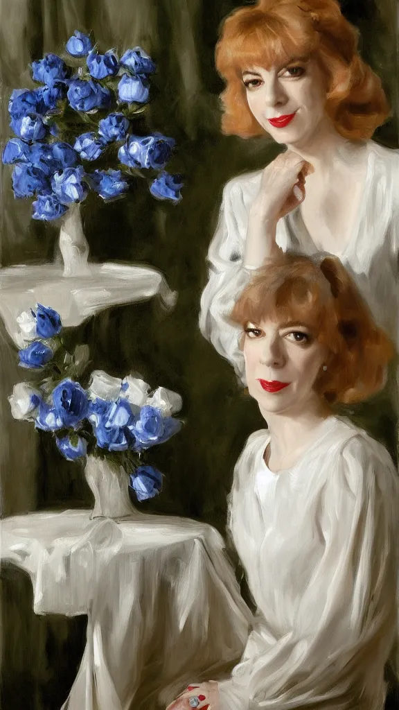 Prompt: portrait of julee cruise in white balloon sleeve dress detailed curtain beside a pot of blue roses, a detailed persian painted by john singer sargent