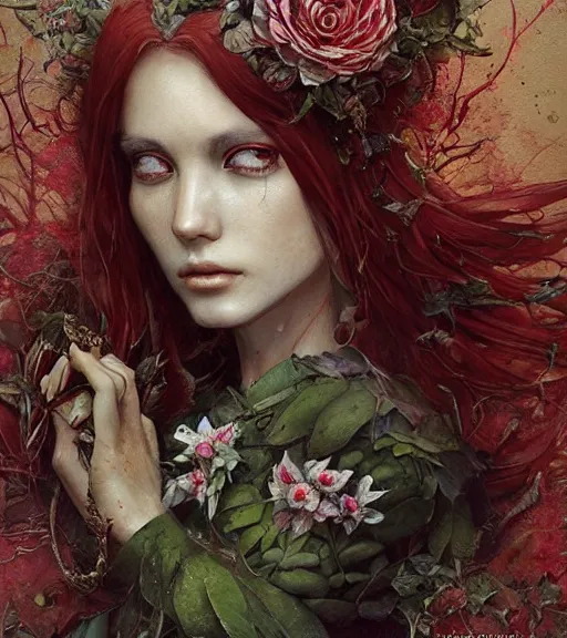 Image similar to portrait of the supreme queen of the blood cult, surrounded overgrowth and flowers 🍂 by Akihiko Yoshida, Yoshitaka Amano,Marc Simonetti, karol bak, WLOP, James Jean, tom bagshaw, rococo, trending on artstation, fantasy magic fashion girl portrait, glossy eyes, face, fantasy, elegant, highly detailed, digital painting, concept art, smooth, sharp focus, illustration, cinematic lighting, hyper realism, octane render, 8k, hyper detailed.