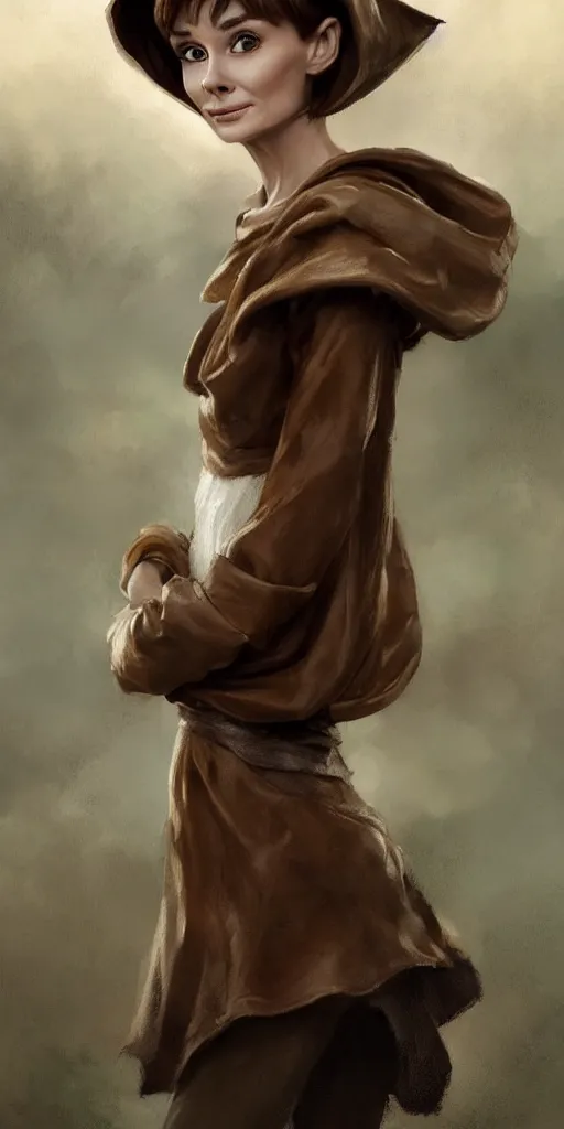 Image similar to a beautiful woman, beauty, looks like Audrey Hepburn, bard, brown hair, messy hairstyle, bangs, cream colored peasant shirt, brown pants, leather boots, dark green cloak, round hood, elf ears, youthful, white background, proportionate, by Greg Rutkowski and Tony Sart, trending on artstation, realistic, highly detailed, masterpiece